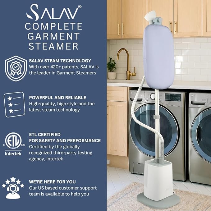 SALAV Standing Garment Steamer with Smart Auto-Off, Adjustable Comfort Board, 6 Steam Setting LED Display for Various Fabric Types, Perfect for Home and Family