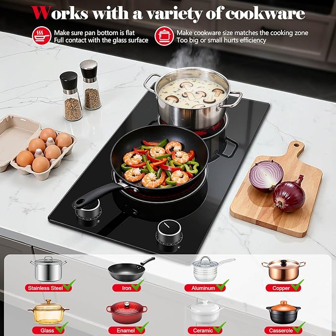 SNDOAS 2 Burner Electric Cooktop,12 inch Built-in 3000W and 9 Power Levels Glass Ceramic Stove Top,Electric Stove with Knob Control,Hardwired 240V for Kitchen,Residual Heat Protection,Easy Clean