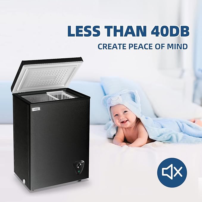 WANAI Chest Freezer 3.5 Cu.Ft Small Deep Top Door Mini with Removable Basket, Low Noise, 7 Adjustable Temperature and Energy Saving Perfect for Home Garage Basement Dorm or Apartment Black