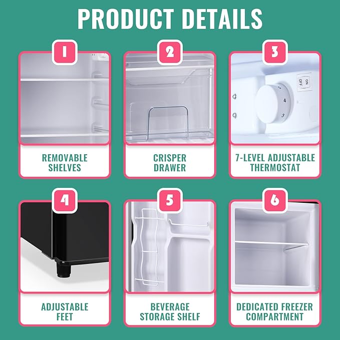 WANAI 5.0 Cu.Ft Fridge with Freezer, Dual Door Refrigerator with 7 Settings Temperature Adjustable, Small Fridge for Dorm Office Apartment and Home, Black