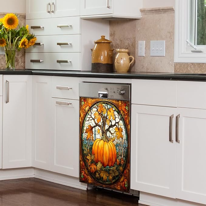 Dishwasher Magnet Cover Front Dishwasher Cover Fall Gold Glass Pumpkin Decor Reusable Magnetic Door Cover Panel Decal Home Appliances Stickers Kitchen Refrigerator Fridge 23"x26"