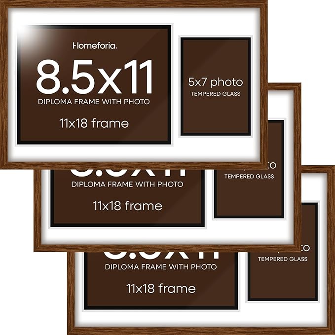 Homeforia 11x18 Brown Diploma Frame with Photo, High End Oak 11 x 18 Certificate Wood Frame with Mat 8.5 x 11 Diploma and 5x7 Picture, Walnut Wooden Document Frames, Tempered Glass, Wall Kit, Set of 3