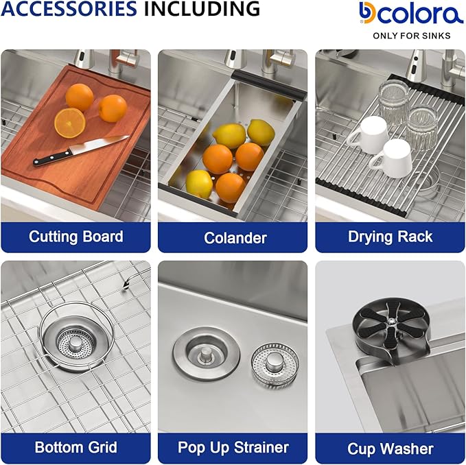 Dcolora 28 Inch Workstation Kitchen Sink with Cup Washer, Drop In Luxury Large Single Bowl, 304 Stainless Steel Heavy Duty 16 Gauge, 5 In 1 Valued Accessories #DC-TW258007S