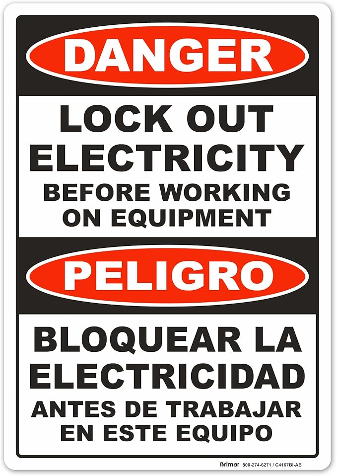 Brimar - 7 x 10" - Bilingual Danger Lock Out Electricity Sign - Lock Out Electricity Before Working On Equipment - 3.5 Mil InfiniStick™ Vinyl Label - Easy Installation - Bilingual Warning