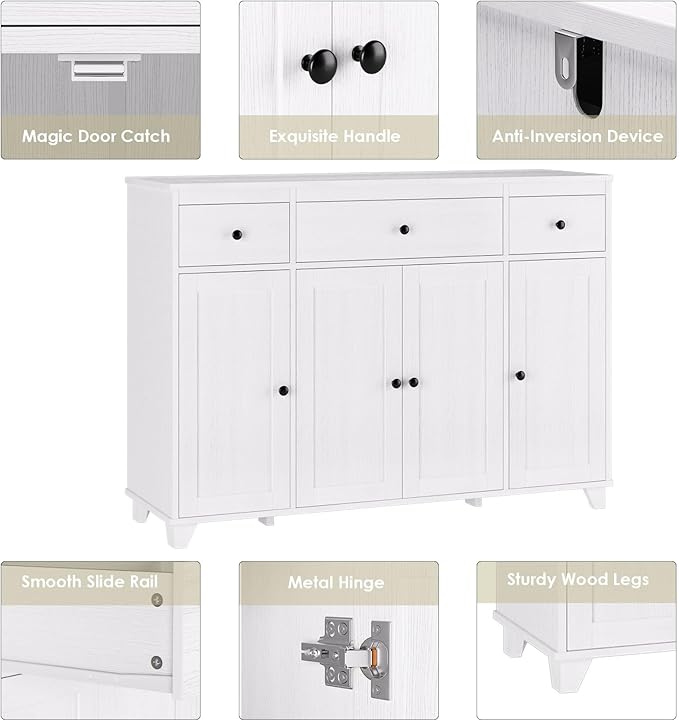 HIFIT Buffet Cabinet White Sideboard Storage Cabinet with 3 Drawers & 4 Doors Adjustable Shelves, 47” Modern Coffee Bar Cabinet, Wood Accent Cabinet for Kitchen Cupboard Dining Living Room