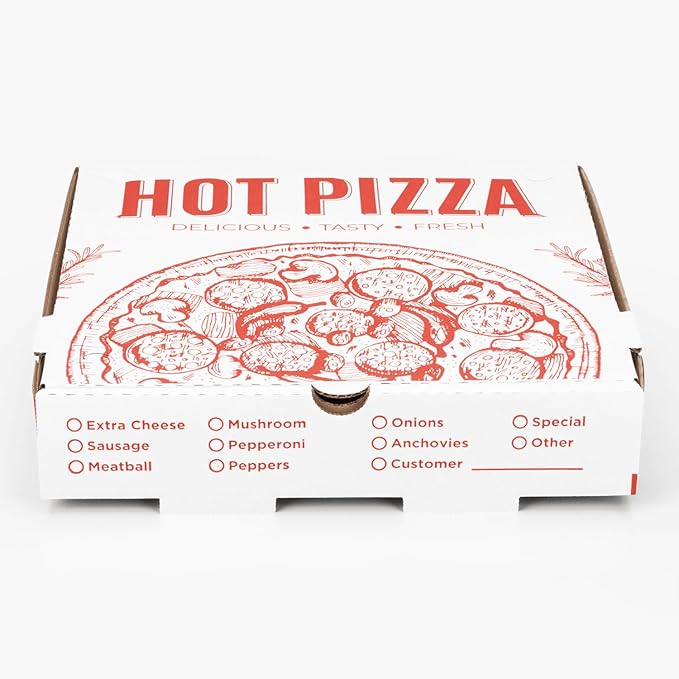 Karat Pizza Boxes 10" x 10" [50 Pack] Classic Red Print Corrugated Boxes | Ventilated, Grease-Resistant, Durable for Pizza or Mailing Use