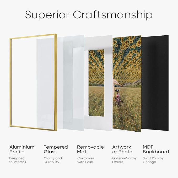 Homeforia 12x24 Picture Frame Gold, High End Metal 12x24 Poster Frames with Mat 8x20 inch Photo, 12 x 24 Gold Frames Matted to 8 by 20 Print, 24x12 Panoramic Frames, Tempered Glass, Wall Kit, Set of 2