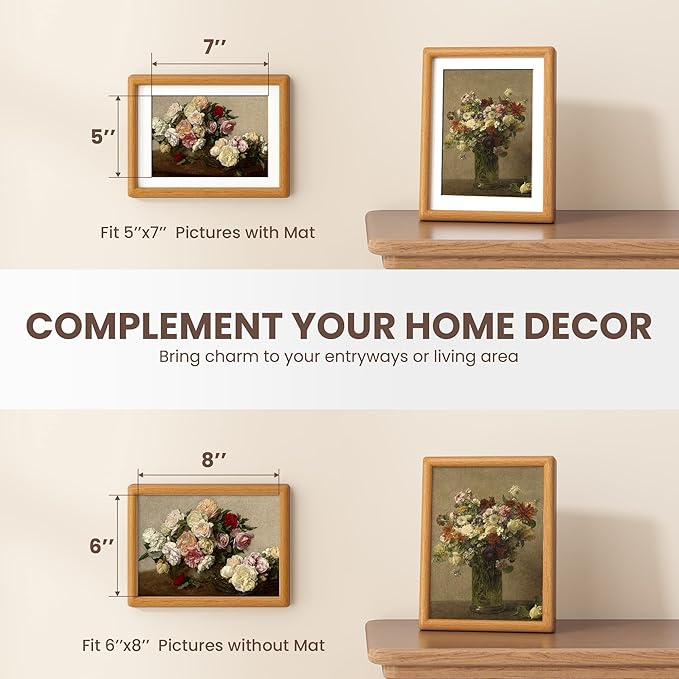 Axeman 6x8 Picture Frame Set of 3 - Solid Teak Wood Frame With Mat for 5x7 - Rounded Corner 6x8 Frame with Tempered Glass for Tabletop Display