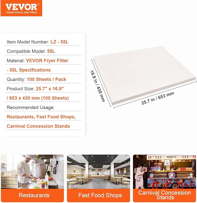VEVOR Fryer Filter Paper 100-Pack, Oil Filter Paper 25.7" x 16.9", Suitable for 55L-58L Mobile Fryer Filtration Units, Ideal for Restaurants, Fast Food Outlets, and Festival Food Booths