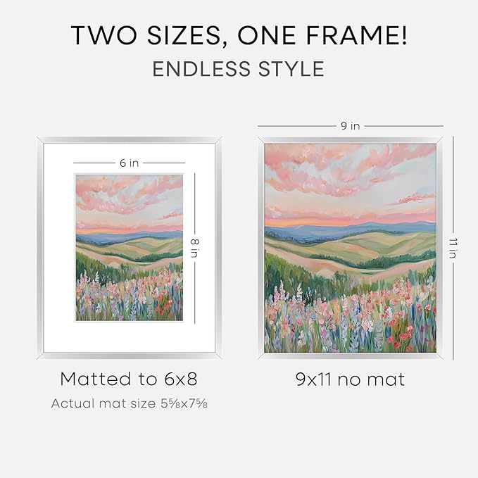 Homeforia 9x11 Picture Frame Silver, High End Metal 9 x 11 Frames with Mat 6 by 8 inch Photo, 9by11 Poster Frame Matted to 6x8 in Print, 11x9 Wall or Tabletop Frame, Tempered Glass, Wall Kit, Set of 1