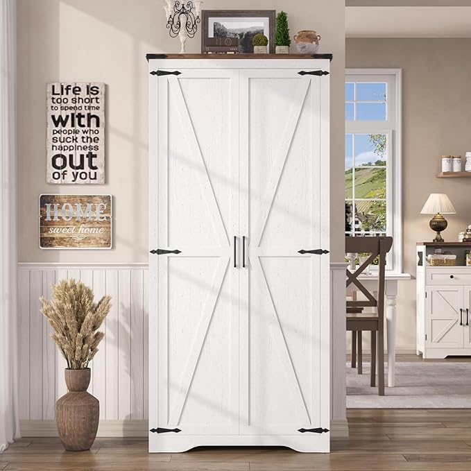 69" Tall Storage Cabinet with Adjustable Shelves, Farmhouse Pantry Organize with 2 Barn Doors, Large Freestanding Cabinet for Kitchen, Garage, Basement, Living, Utility Room, Off-White