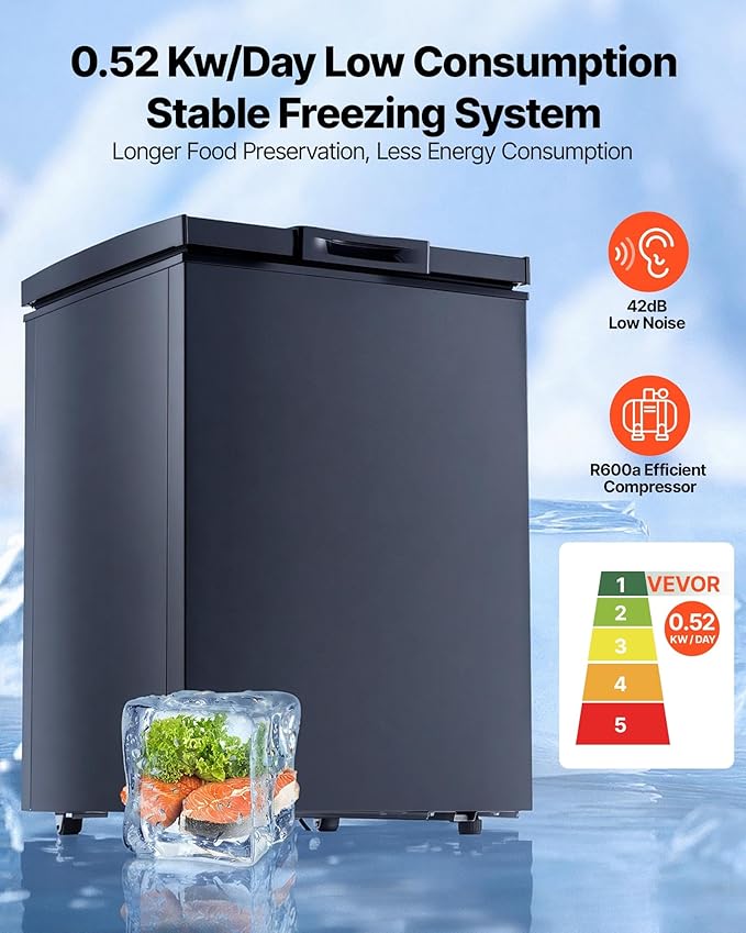 VEVOR Chest Freezer, 3.3 Cu.ft Compact Deep Freezer, Free Standing Top Open Door Chest Freezers with 2 Removable Baskets & Adjustable Thermostat - Energy Saving, Low Noise & Garage Ready, Black