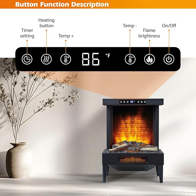 Freestanding Electric Fireplace Stove with Remote & Touch Control, 1500W Heater with Adjustable Timer & Thermostat 95°F, Realistic 3D Flame, 8-Hour Timer, Independent Flame,Overheat Protection