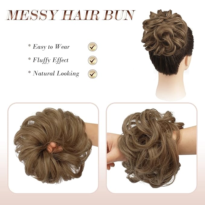 FESHFEN Large Messy Bun Hair Piece - Wavy Synthetic Chignon Scrunchies Elastic Ponytail Hair Extensions Thick Hairpieces for Women, Light Brown mix Natural Blonde 1.94oz