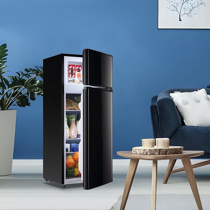 4.5 CU.FT Capacity Compact Refrigerator with Freezer Double Door Mini Fridge Small Apartment Refrigerator with 7 Adjustable Temp Control & 3 Glass Shelves for Kitchen Office Dorm Black