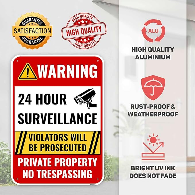 2PC 24 Hour Surveillance Sign, 14 x 10 Inches - Aluminum - Private Property No Trespassing - Security Camera Metal Warning Sign