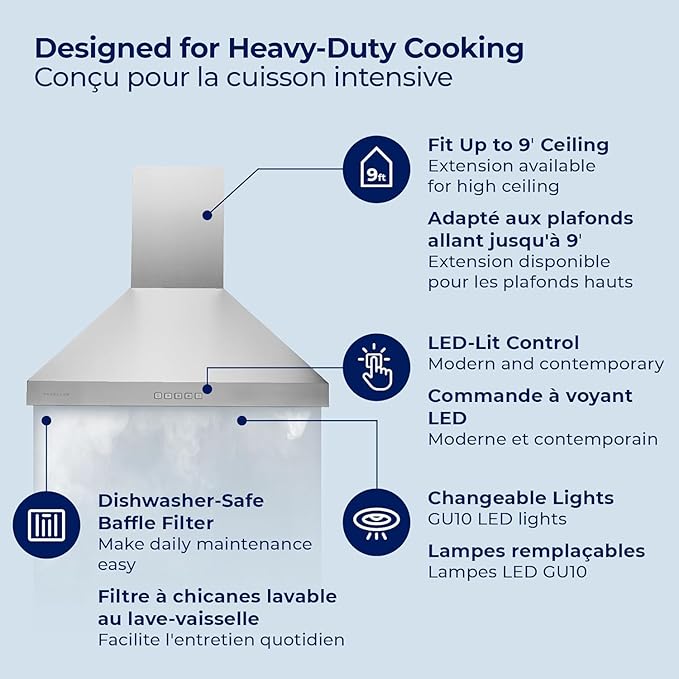 Hauslane Wall Mount Range Hood 30 Inch, Pro Model, Matt White Stainless Steel Range Hood, Strong Suction, Changeable LED Lamps, 6” Duct or Ductless, Kitchen Hood Vent, Stove Hood Vent