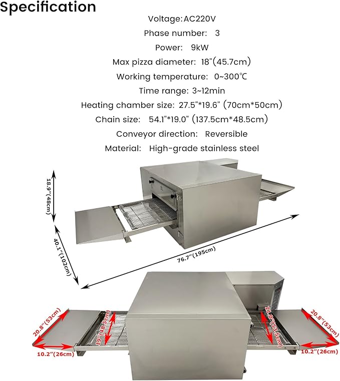 Conveyor Pizza Oven 32~572°F Commercial Conveyor Belt Hot Air Pizza Oven with 360° Circulating Fan Baking Electric Oven for Pizzerias, Cafes, and Fast-food Restaurants AC220V 3PH