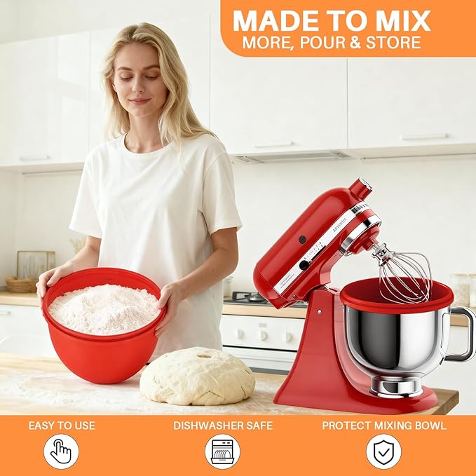 5 Qt Tilt-Head Stand Mixer Silicone Liner - Reusable Easy-Release Bowl Insert, Flexible Baking Tool for Home Bakers (Red)