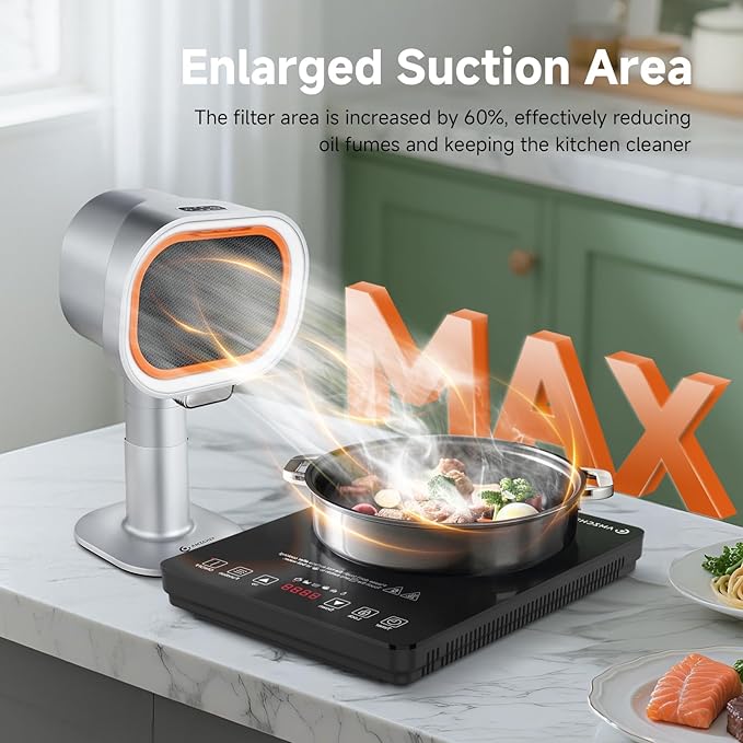 Portable Range Hood - 4-Speed Adjustable Exhaust Fan with Telescoping Height & 40° Tilt Low Noise 52dB, Large-Caliber Aluminum Filter + Oil Cup & 10 Carbon Cotton Filters for Indoor BBQ/Hot Pot/RV