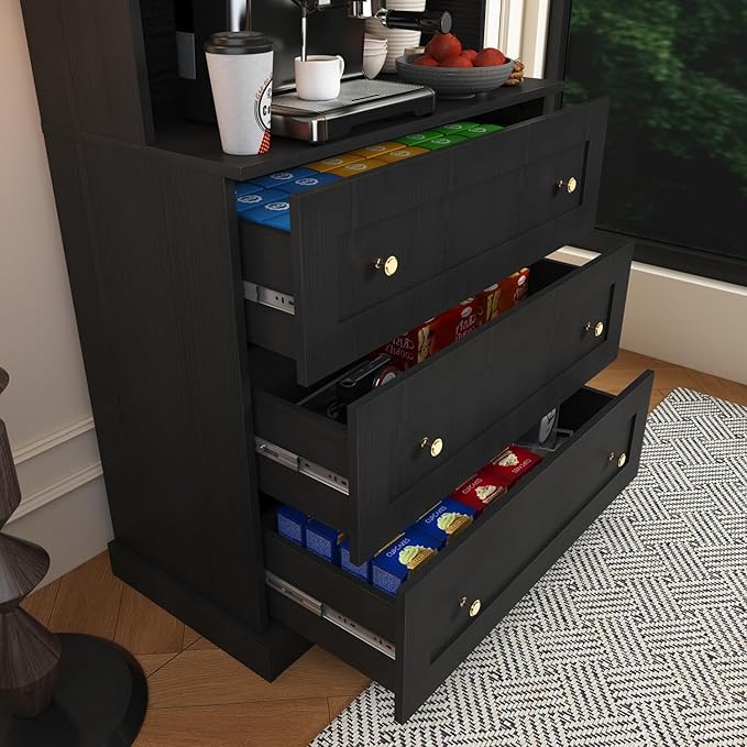Vyre 71" Farmhouse Kitchen Pantry Cabinet Set of 3, Black Freestanding Coffee Bar Hutch with Drawers & Adjustable Shelves, Large Storage Cabinet with Microwave Stand for Living Room & Kitchen