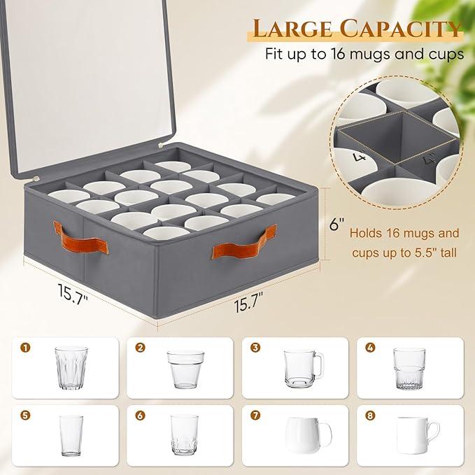 2 Pack Coffee Mug Storage Box with Dividers, Stackable China Storage Containers with Lid, Zipper, and Handles for 32 Mugs and Cups, Mug Storage Organizer for Packing & Moving, Gray
