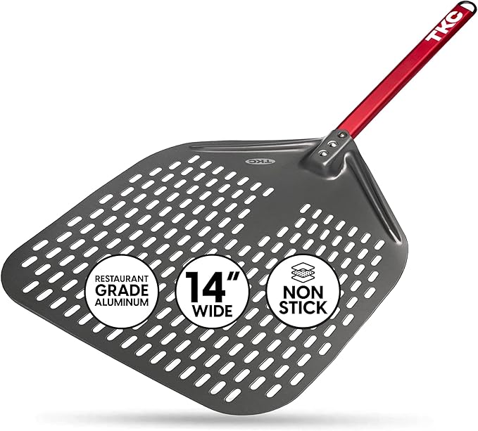 TKC 14" Aluminium Pizza Peel - Durable, Perforated Design for Easy Dough Transfer, Heat-Resistant Handle, Compatible with all Pizza Ovens - Indoor/Outdoor - Lightweight, Non-Stick (Black)