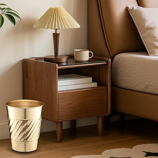 Monarch Abode Metal Bathroom Trash Can – Waste Basket for Bedroom, Office Desk, & Dorm, Handcrafted Wave Embossed, Durable Decorative Brushed Gold Small Trash Can Bathroom Garbage Bin Wastebasket