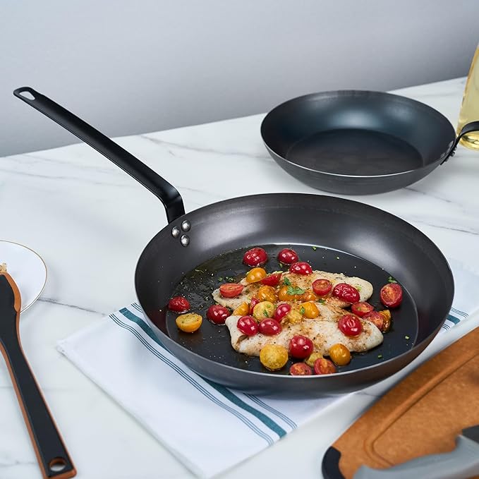 Restaurantware-Met Lux 14 Inch Fry Pans, 6 Lightweight Frying Pans - Induction-Ready, Triple-Riveted, Black Carbon Steel Cooking Skillets, Durable, For Searing, Sauteing, And Browning Food