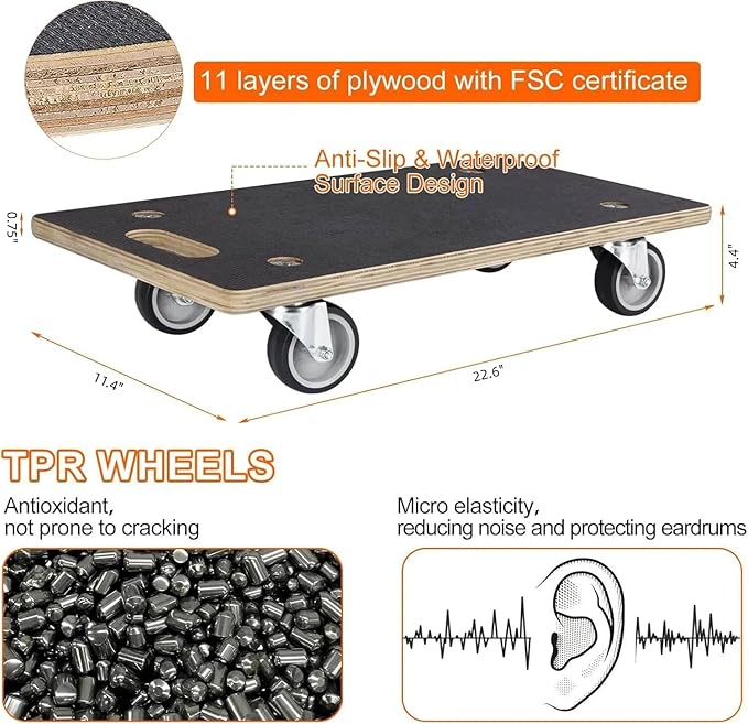 Furniture Movers with Wheels 2 Pack Rectangle Wood Platform Dolly Cart 1100 lbs Capacity Heavy Duty Furniture Mover Carrier with 4 Wheels Small Moving Dolly, Heavy Objects Hauling