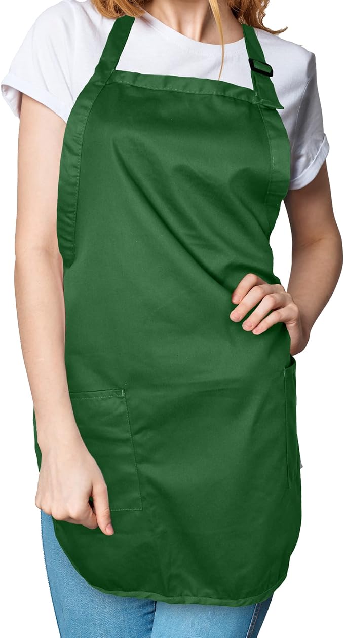 Apron Commercial Restaurant Home Bib Spun Poly Cotton Kitchen Aprons (2 Pockets) in Dark Green