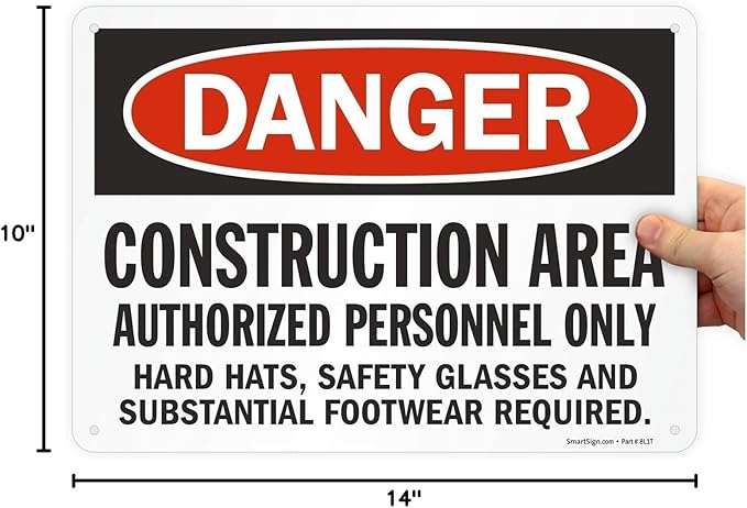 SmartSign - S-8968-AL-14 "Danger - Construction Area, Authorized Personnel Only" Sign | 10" x 14" Aluminum Black/Red on White