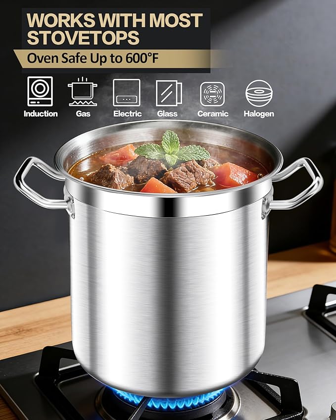 50 Quart Stainless Steel Stock Pot with Lid – Heavy Duty Cooking Pot for Soup, Commercial Soup Pots, 3-Ply Induction Bottom, Oven Safe