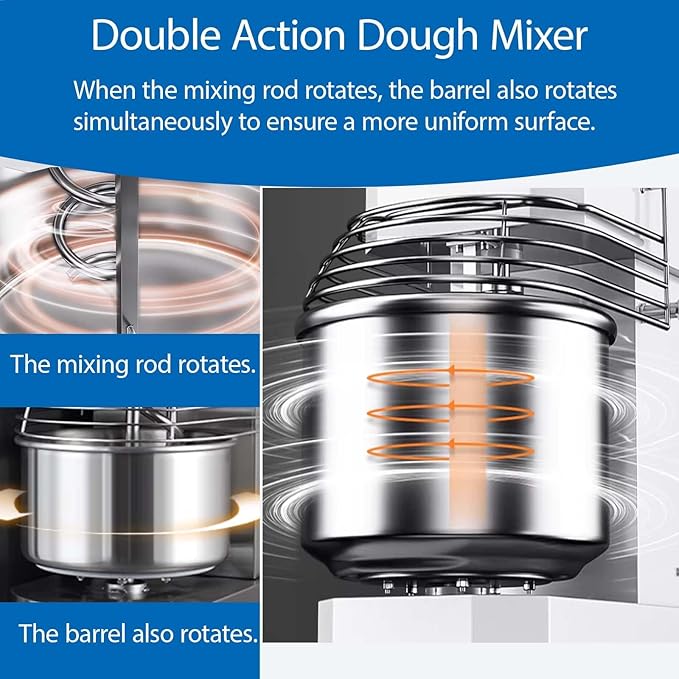 20QT Commercial Stand Dough Mixer Double Action Fast and Slow Speed Spiral Electric Flour Mixing Machine for Professional Bread Making Kneading Machine with Speed Time Control 20L 1100W