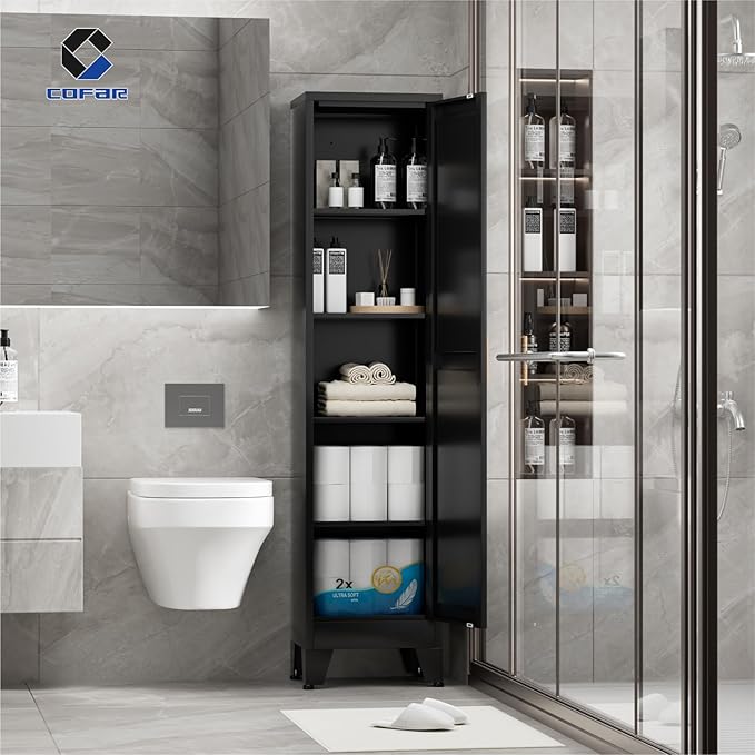 COFaR 67'' Tall Slim Bathroom Storage Cabinet, Metal Narrow Pantry Cabinet with 4 Adjustable Shelves and One Door, Skinny Cabinet Storage for Kitchen Laundry, Black Farmhouse 5 Tiers