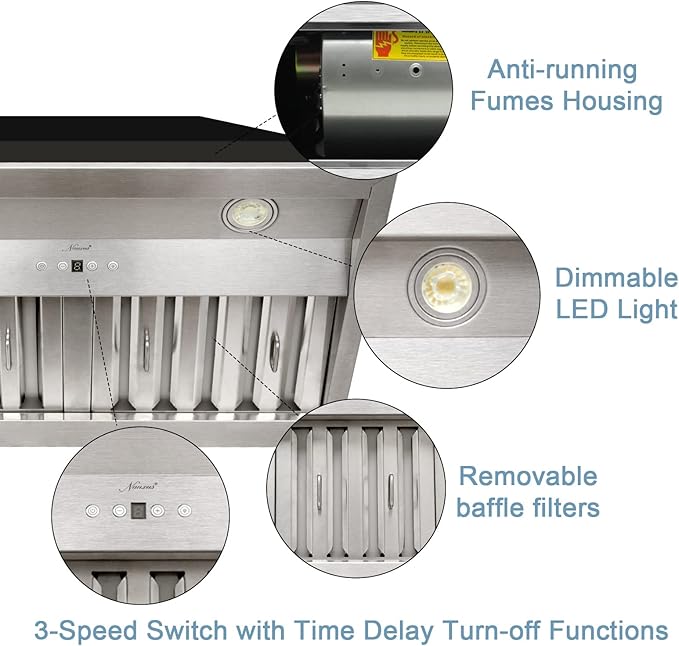 Akicon Range Hood Insert 36 Inch, Ultra Quiet, Powerful Suction Built-in Kitchen Vent Hood, Stainless Steel Ducted Stove Hood with Dimmable LED Lights, 3-Speeds 600CFM