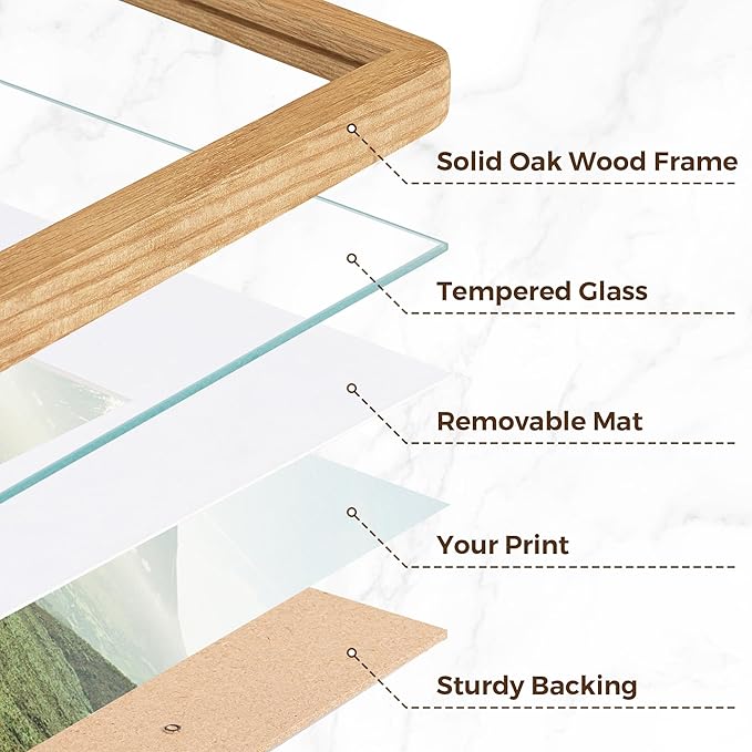 18x24 Picture Frame for Wall, 18 by 24 Wood Frame, Made of Solid Oak Wood & Tempered Glass, 18 x 24 Frame Matted to 16x20, Rustic 18 by 24 Poster Frame,18x24 Art Frames, Natural Oak Color, 1 Pack