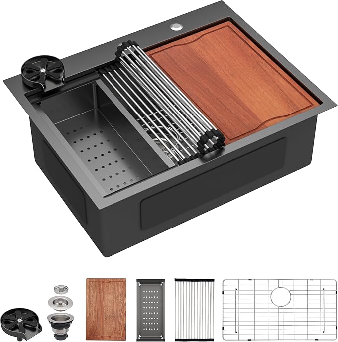 Dcolora 28 In. Black Kitchen Sink with Cup Washer, Large Single Bowl Drop In Installation, Heavy Duty 16 Gauge 304 Stainless Steel, Workstation with Valued Accessories, 28"x22"x10" #DC-T2533002BWS