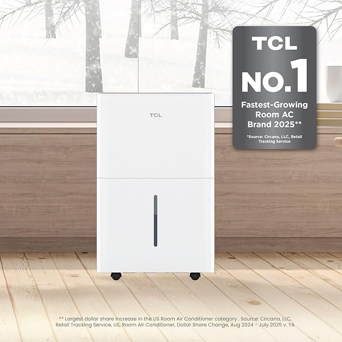 TCL 4,500 Sq. Ft. Smart Dehumidifier, Energy Star, 50 Pints Per Day, Moisture & Humidity Absorber for Bedroom, Bathroom, Basement & Other Rooms, Works with Alexa/Google Assistant