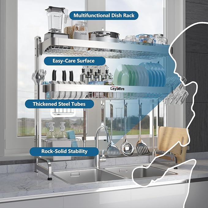Over Sink Dish Drying Rack, 3 Tier Adjustable Length (20.87'' to 37.6'') Full Stainless Steel Large Storage Kitchen Dish Rack, Expandable Drainer Shelf Rack with Multifunctional Organizers