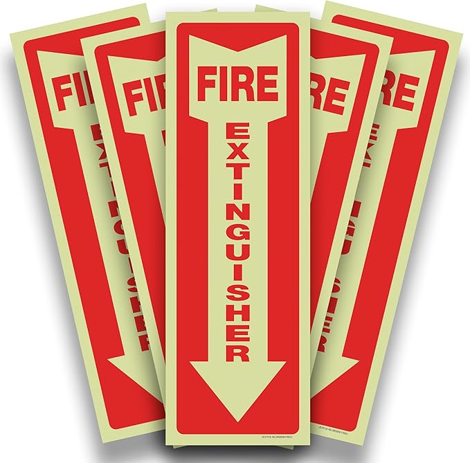 iSYFIX Fire Extinguisher Glow in the Dark Sticker Sign – 5 Pack 4x12 Inch – Premium Self-Adhesive Vinyl, Laminated for Ultimate UV, Weather, Scratch, Water and Fade Resistance, Indoor and Outdoor