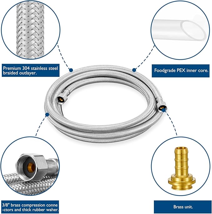 Dishwasher Installation Kit - 15 FT Stainless Steel Braided Dishwasher Hose kit,Food Grade PEX Inner Tube Water Line with 3/8"x 3/8"x 3/8" Tee Stop Valve,3/8"x 3/8"MIP Elbow,3/8"x 3/4"FHT Elbow