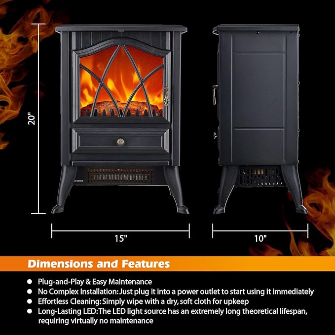 Freestanding Electric Fireplace Stove Heater, 1500W with Realistic 3D LED Flame Effect, Adjustable Brightness & Thermostat, 2 Heat Settings, Overheat Protection, for Home Indoor Use
