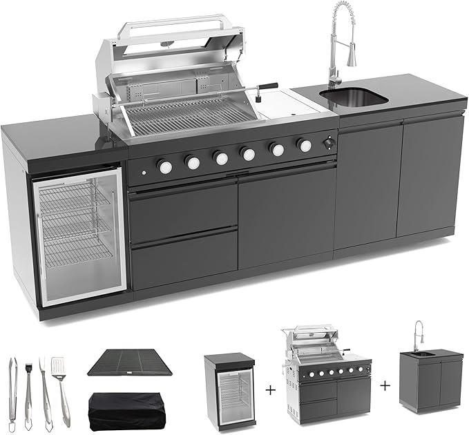 104 Inch Outdoor Kitchen Island, 7200 BTU Gas Grill Combination With Refrigerator and Sink, Outdoor Stainless Steel Barbecue Bar, Natural Gas Barbecue Grill for Patios, Gardens, Parties