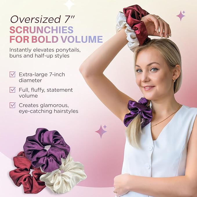 3-Pack Oversized Pearlized Satin Scrunchies for Women - Shimmer Large Scrunchies, Ivory, Purple, Burgundy