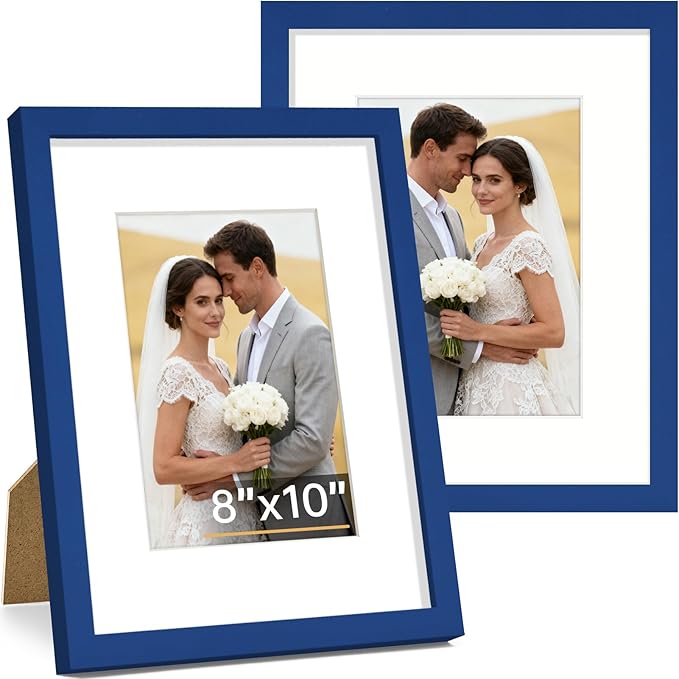 Vittanly 8x10 Picture Frame Set of 2, Solid Wood Frame for Wall or Tabletop, Display Photo 5x7 with Mat or 8x10 without Mat, Royal Blue