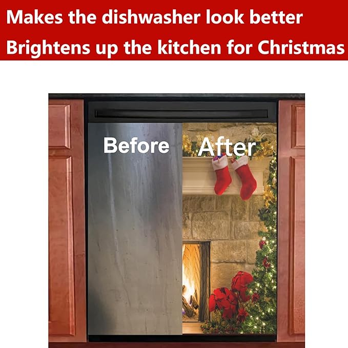Christmas Dishwasher Cover Panel,Xmas Tree Fireplace Magnet Cover Decal Decorative Magnetic Sticker Washing Machine Cover Home Season Decor,26" x 23"