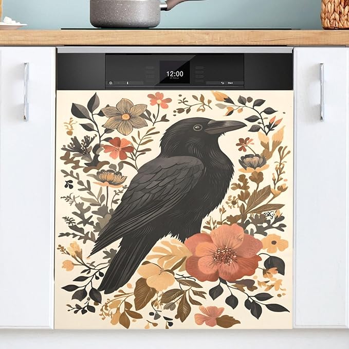 Dishwasher Magnet Cover, Crow Flowers Magnet Sticker Fridge Panel Decal for Home Kitchen Decor, 23x26in