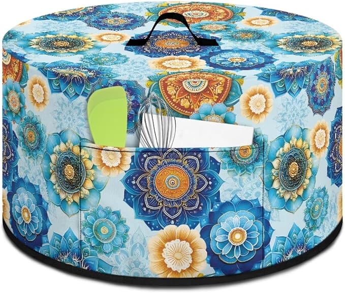 Boho Mandala Floral Blue Print Slow Cookers Dust Cover Fit Most 6/7/8 Quart Crock Pot Stain Resistant Air Fryer Cover with Accessory Pocket and Handle Washable