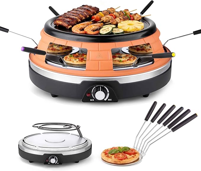 Multifunction Raclette Grill & Mini Pizza Oven, 1200W Electric Pizza Oven with Flat Griddle Top, Indoor Grill with 6 Mini Pizza Baking Slots, Temperature Control, Personal Pizza Maker, PM-01